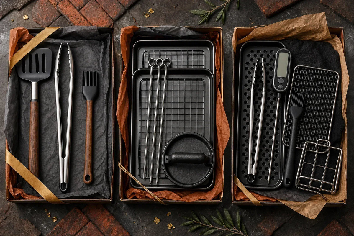 Three curated sets of grilling accessories arranged as gifts