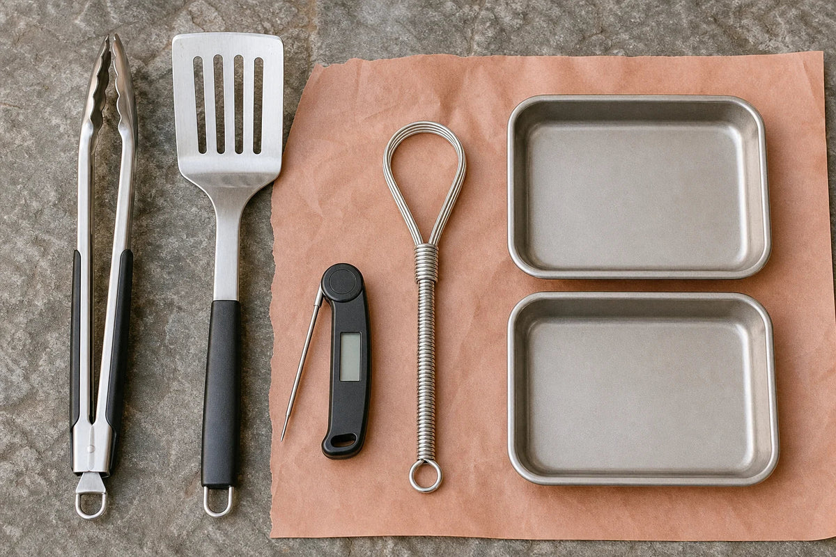 Essential grilling tongs, spatula, thermometer, brush, and trays arranged together
