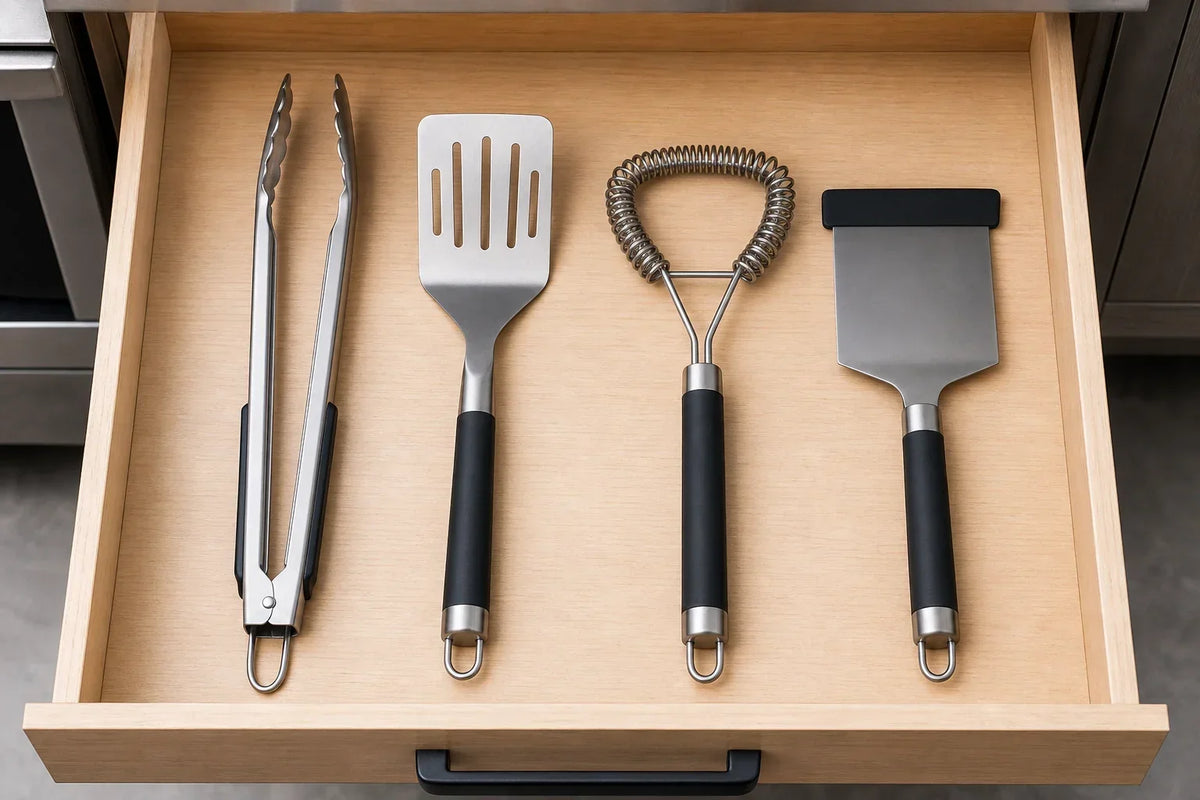 Clean grill tools arranged neatly inside a kitchen drawer