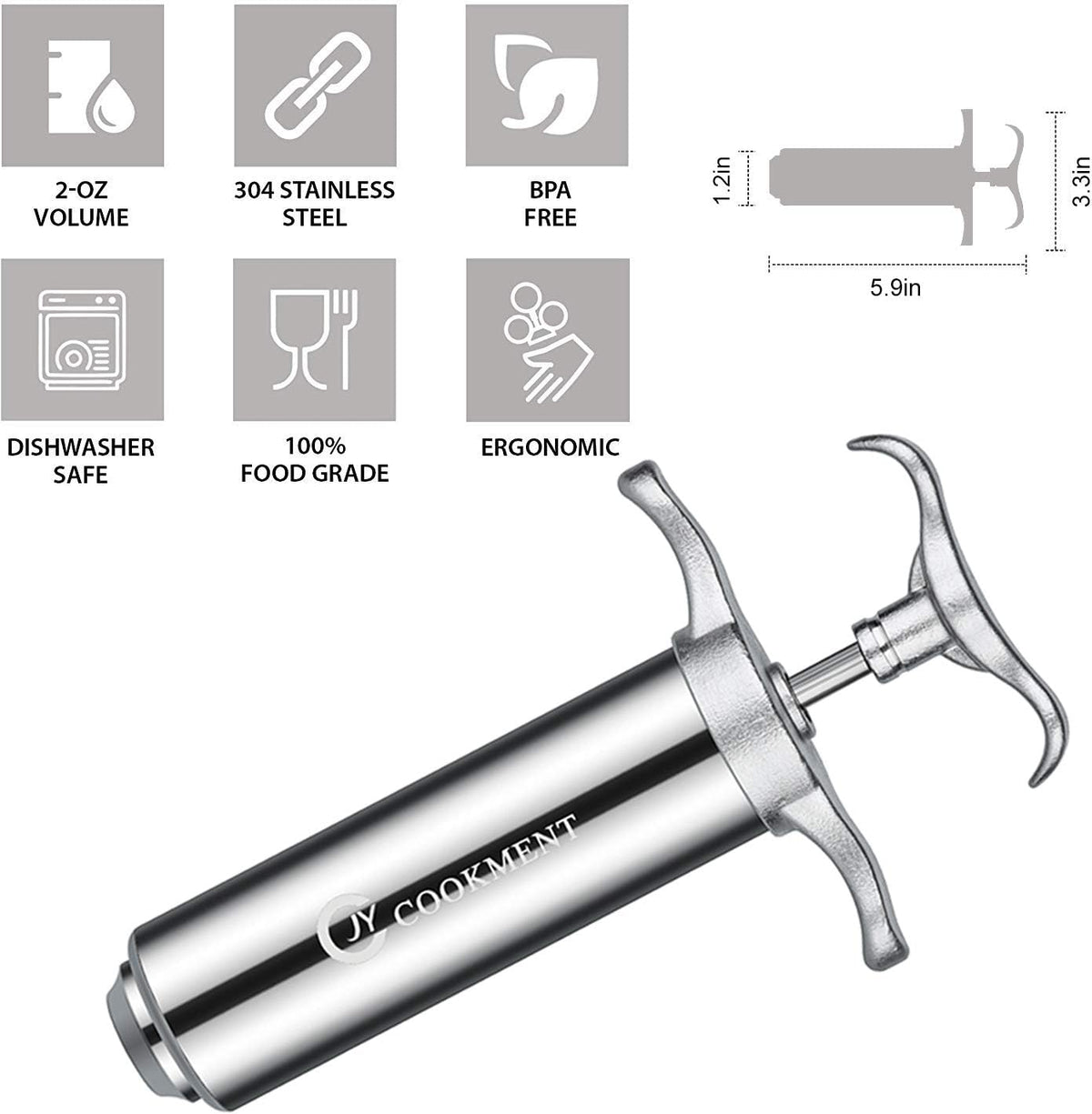 Meat Injector Syringe 2-oz Marinade Flavor Barrel 304 Stainless Steel with 3 Professional Needles 2 Cleaning Brushes and 4 Silicone O-Rings - view 4