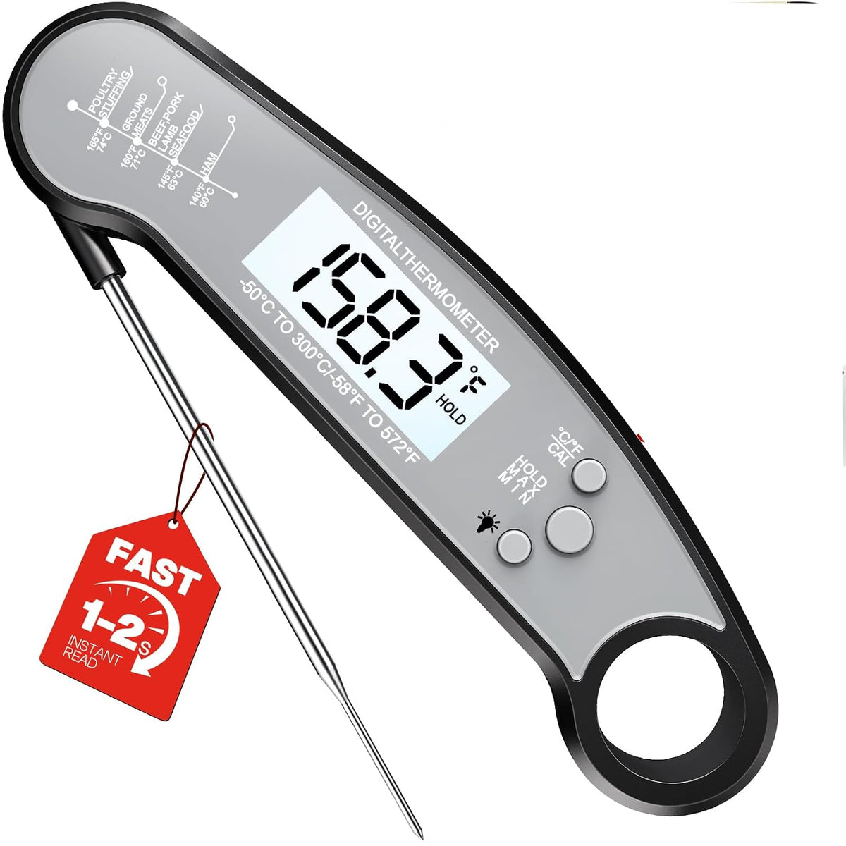 Meat thermometer digital, food thermometer for cooking, black & grey, instant read, for grilling, BBQ, air fryer, smoker, candy, kitchen gadgets, BBQ essentials, gift for dad, men, women