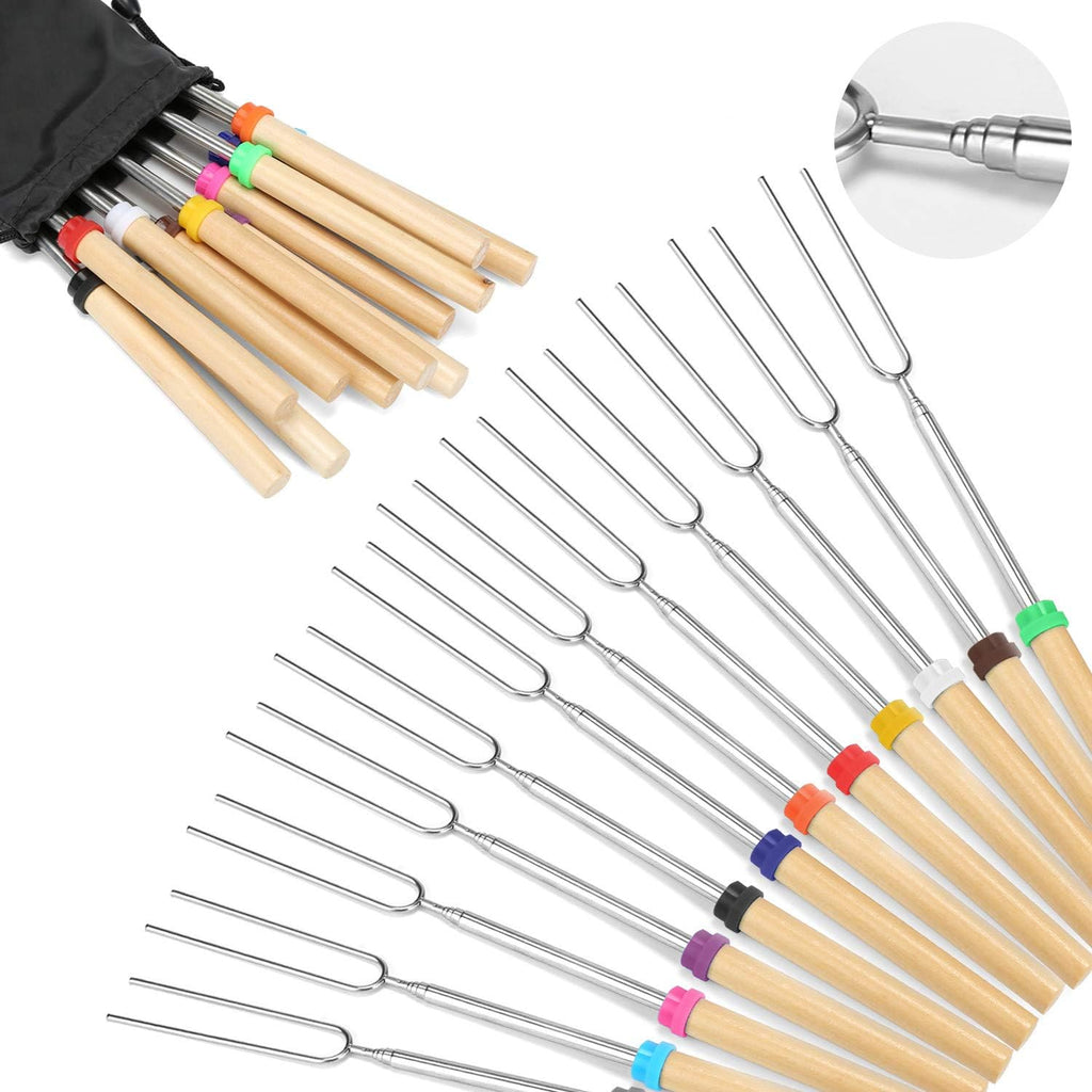 12 marshmallow roasting sticks for fire pit - extendable s'mores skewers with wooden handle 32 inch telescoping forks and carry bag, perfect for hot dogs, campfire, BBQ, camping & backyard gatherings
