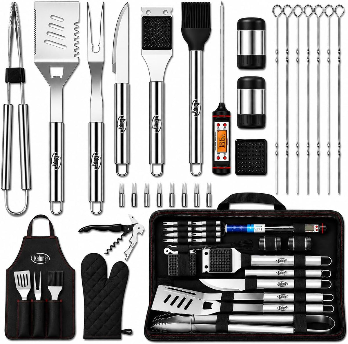 Grilling Accessories, Dad Gifts for Christmas, Heavy Duty Stainless Steel Grill Set BBQ Grill Accessories for Outdoor Grill with Meat Thermometer, Case and Apron