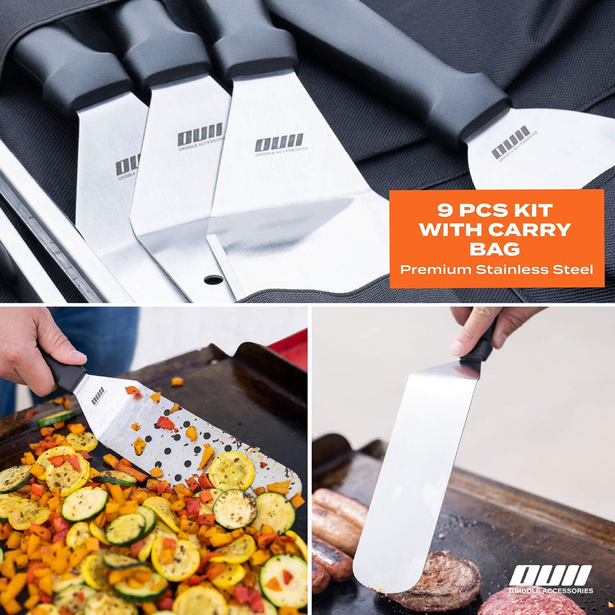 Flat top griddle accessories - 9 pieces set with griddle cleaning kit and carry bag, metal spatula, scraper for hibachi and teppanyaki grill - view 4