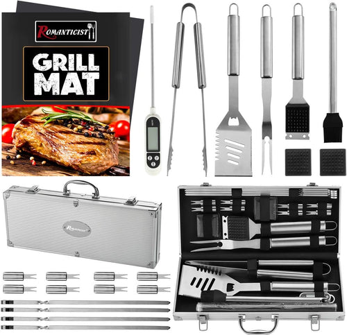 23pcs Must-Have BBQ Grill Accessories Set with Thermometer in Case - Stainless Steel Barbecue Tool Set with 2 Grill Mats for Backyard Outdoor Camping - Father's Day Best Barbecue Gift