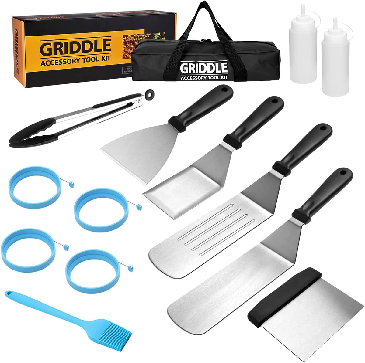 Flat top griddle accessories set, professional grill spatula set with burger spatulas scraper, BBQ tool utensils kit for men outdoor grills cooking
