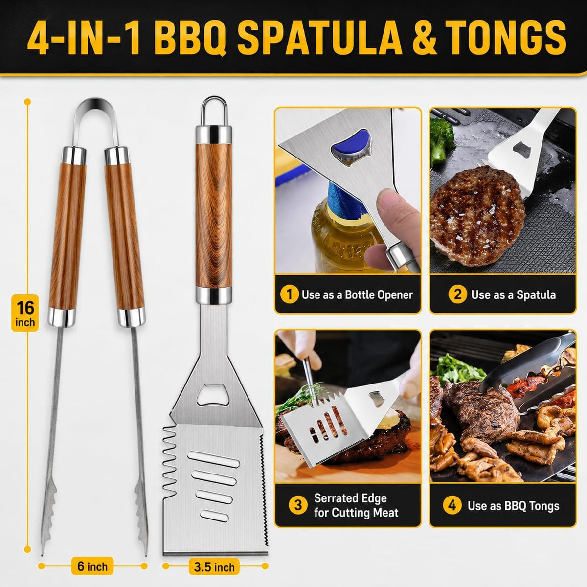 34pcs grill accessories grilling gifts for men, 16 inches heavy duty BBQ accessories, stainless steel BBQ tools with thermometer, grill mats for backyard, BBQ gifts set for men women - view 3