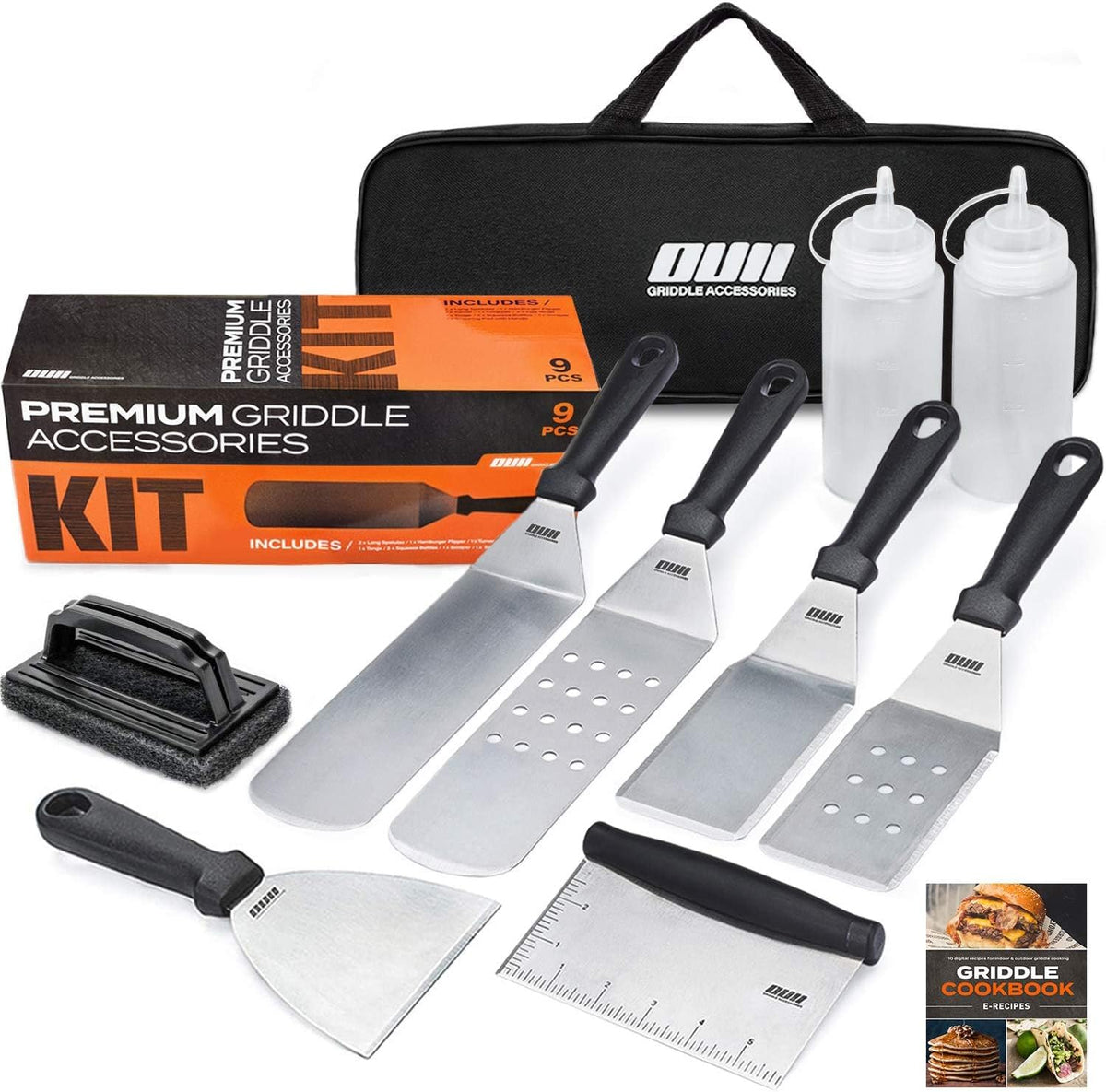 Flat top griddle accessories - 9 pieces set with griddle cleaning kit and carry bag, metal spatula, scraper for hibachi and teppanyaki grill