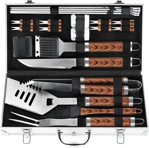 22PCS Heavy Duty BBQ Grill Accessories Set, Non-Slip Grill Tools for Outdoor Grill Set Stainless Steel Grill Utensils Set, Deluxe Grilling Tools Set in Aluminum Case Ideal Gifts for Men Brown