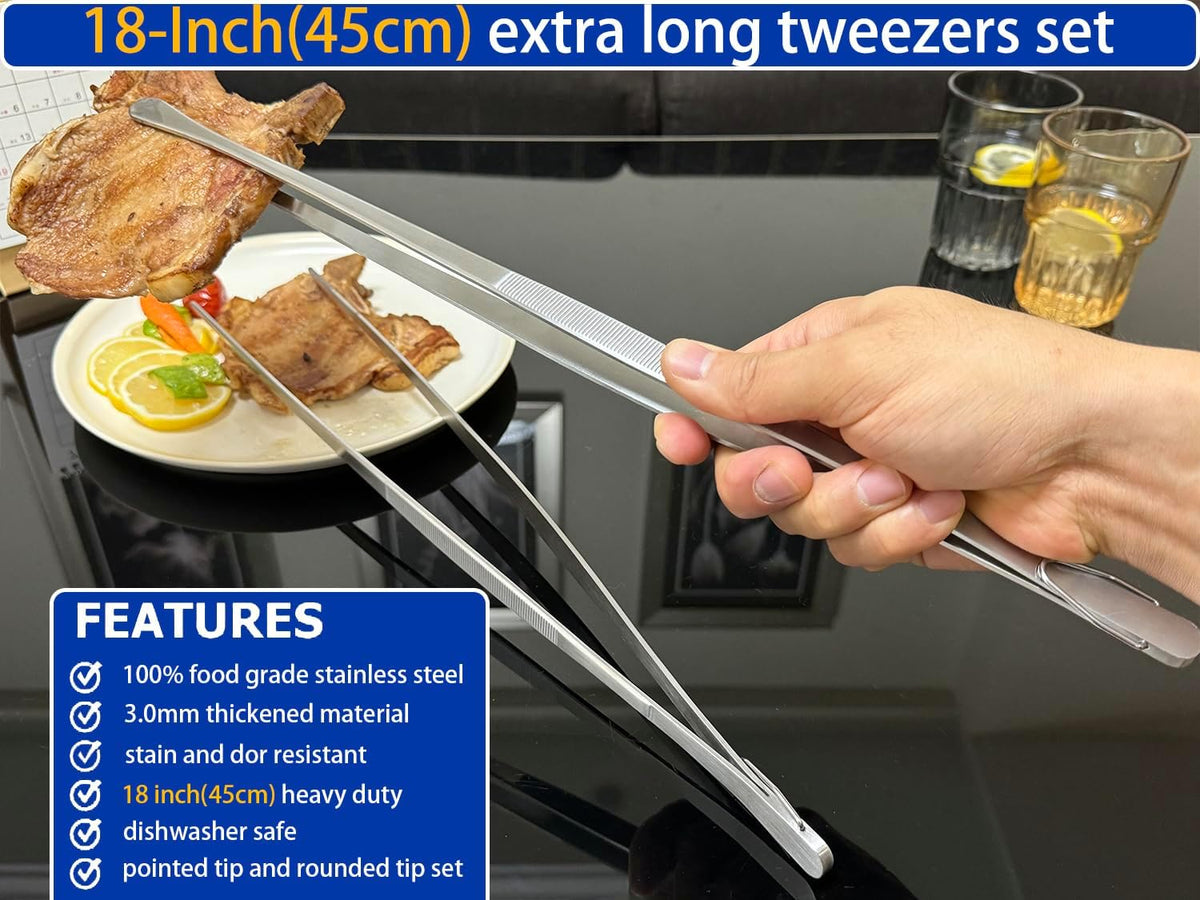 2 Pcs 18 Inch (45cm) Stainless Steel Grill Tongs Heavy Duty Giant Tweezer Tongs, Extra Large Tweezers Tools for Cooking, Grilling, BBQ and Turning Food (Silver) - view 3