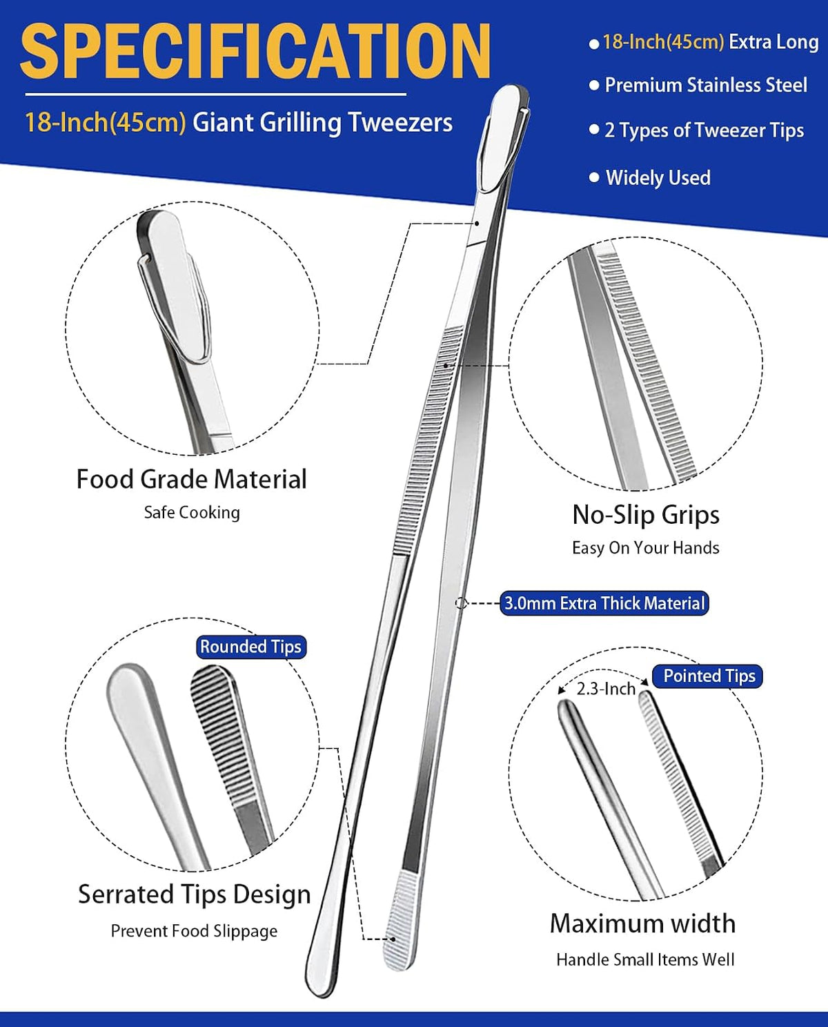2 Pcs 18 Inch (45cm) Stainless Steel Grill Tongs Heavy Duty Giant Tweezer Tongs, Extra Large Tweezers Tools for Cooking, Grilling, BBQ and Turning Food (Silver) - view 2