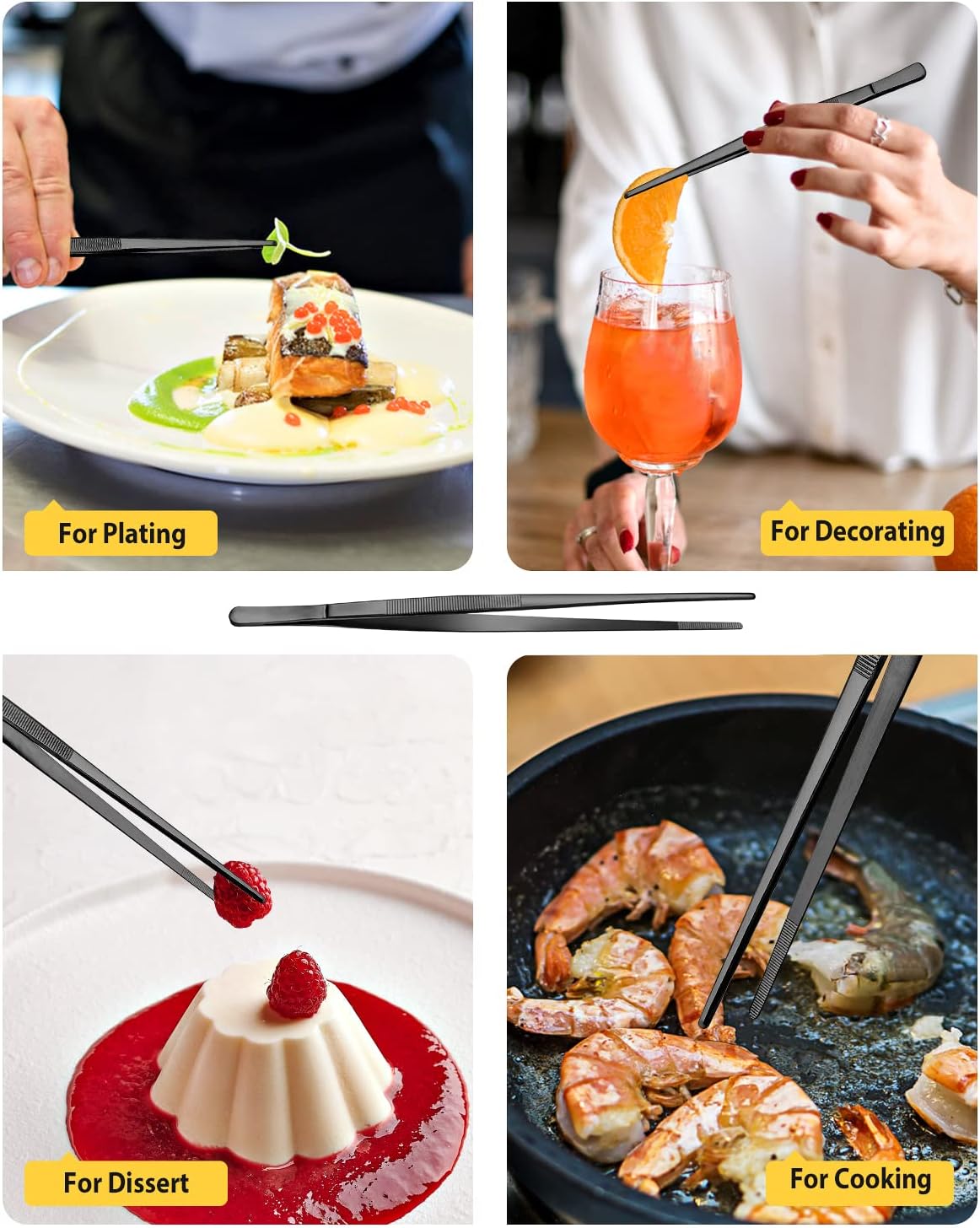 4 pcs fine long tweezer tongs professional black, 12'' and 10'' stainless steel for kitchen, food, cooking, repairing, sea food and BBQ - view 5