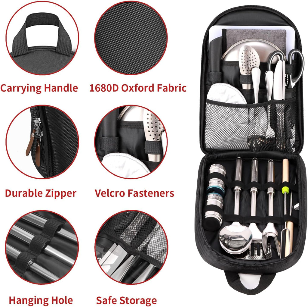 Portable Camping Kitchen Utensil Set-27 Piece Cookware Kit, Stainless Steel Outdoor Cooking and Grilling Utensil Organizer Travel Set Perfect for Travel, Picnics, RVs, Camping, BBQs, Parties and More - view 2