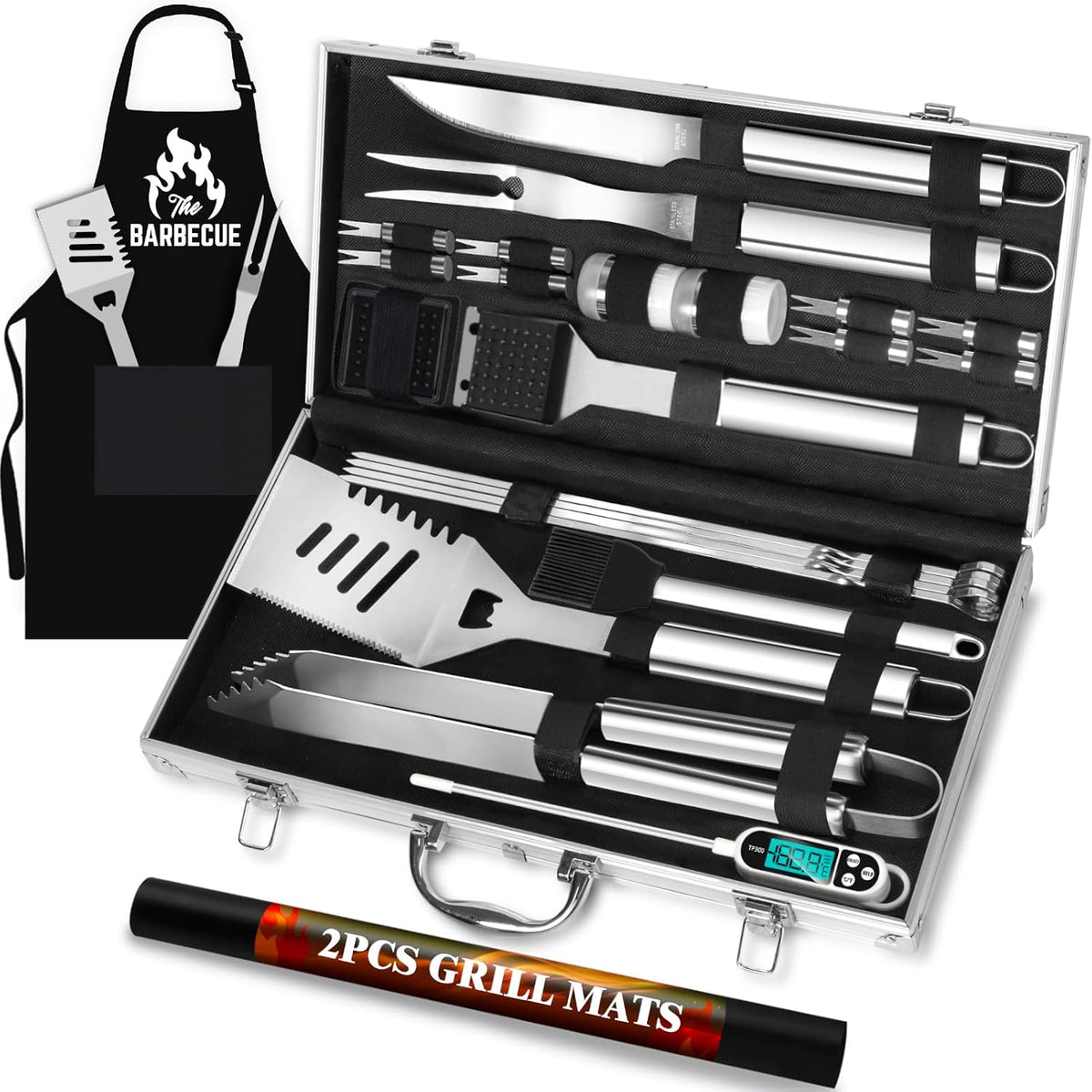 26pcs Grilling Gifts for Men, Dad Gifts for Father's Day, Stainless Steel BBQ Grill Accessories Tools Set, Heavy Duty BBQ Utensils Kit with Apron, Thermometer, Mats in Aluminum Case Silver