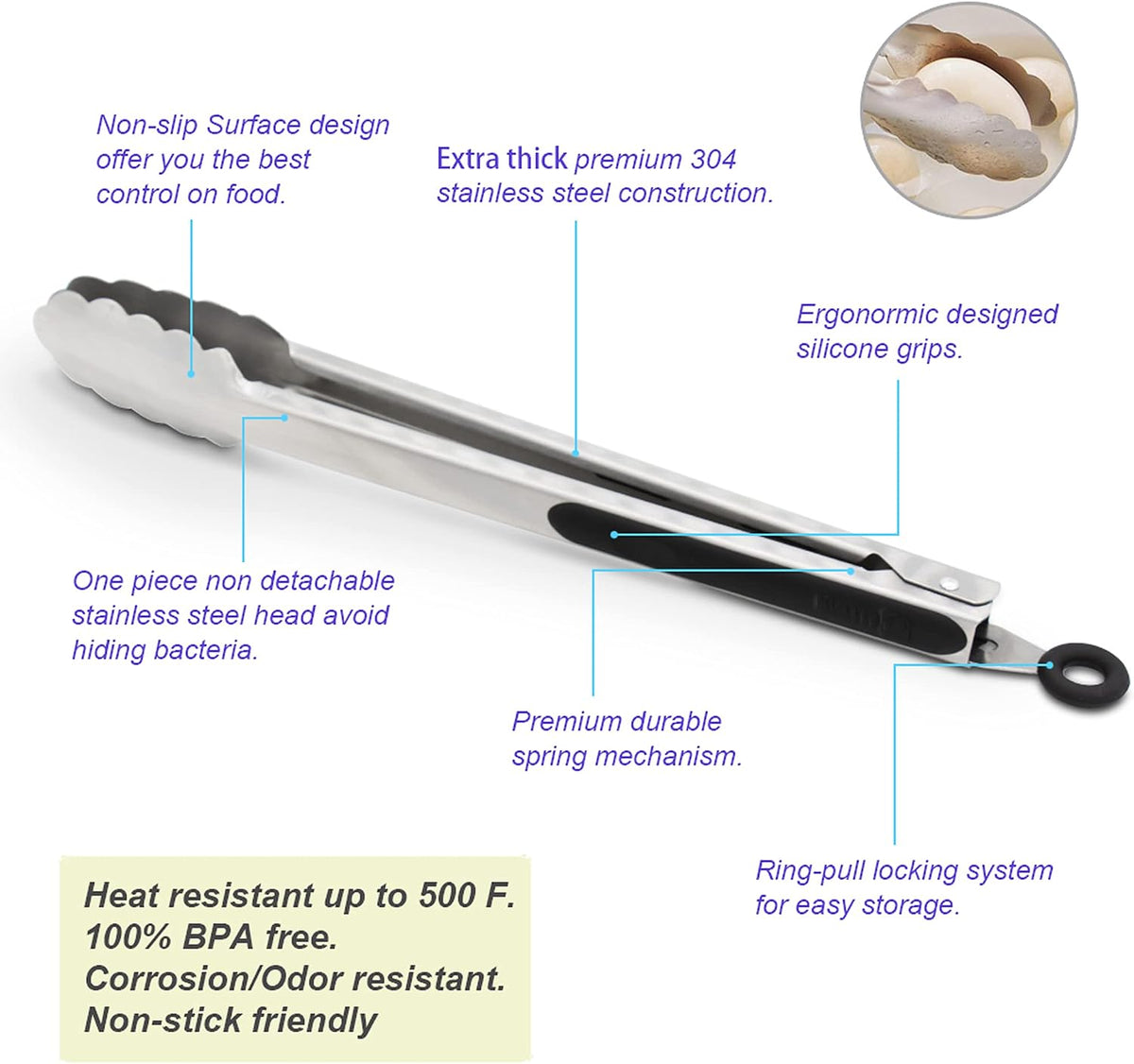 304 stainless steel kitchen cooking tongs, 9" and 12" set of 2 sturdy grilling barbeque brushed locking food tongs with ergonomic grip, black - view 5