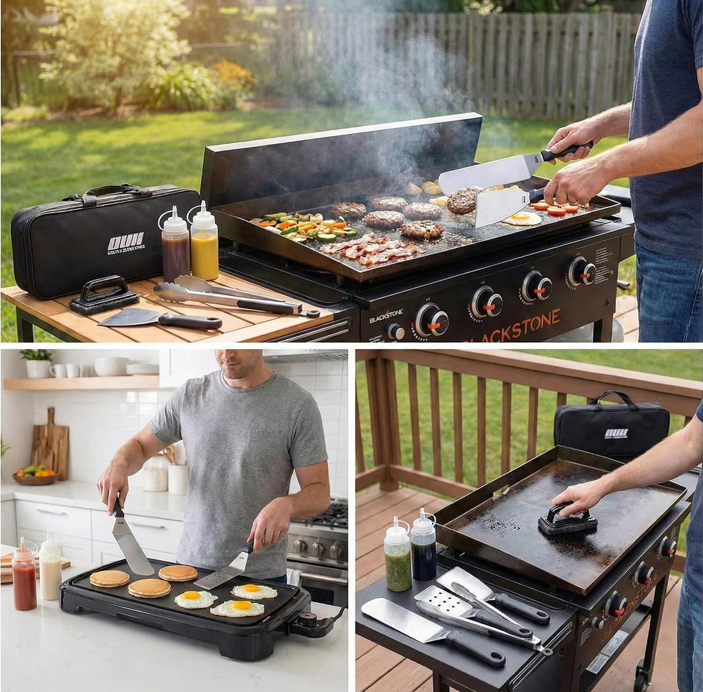 Flat top griddle accessories - 9 pieces set with griddle cleaning kit and carry bag, metal spatula, scraper for hibachi and teppanyaki grill - view 2