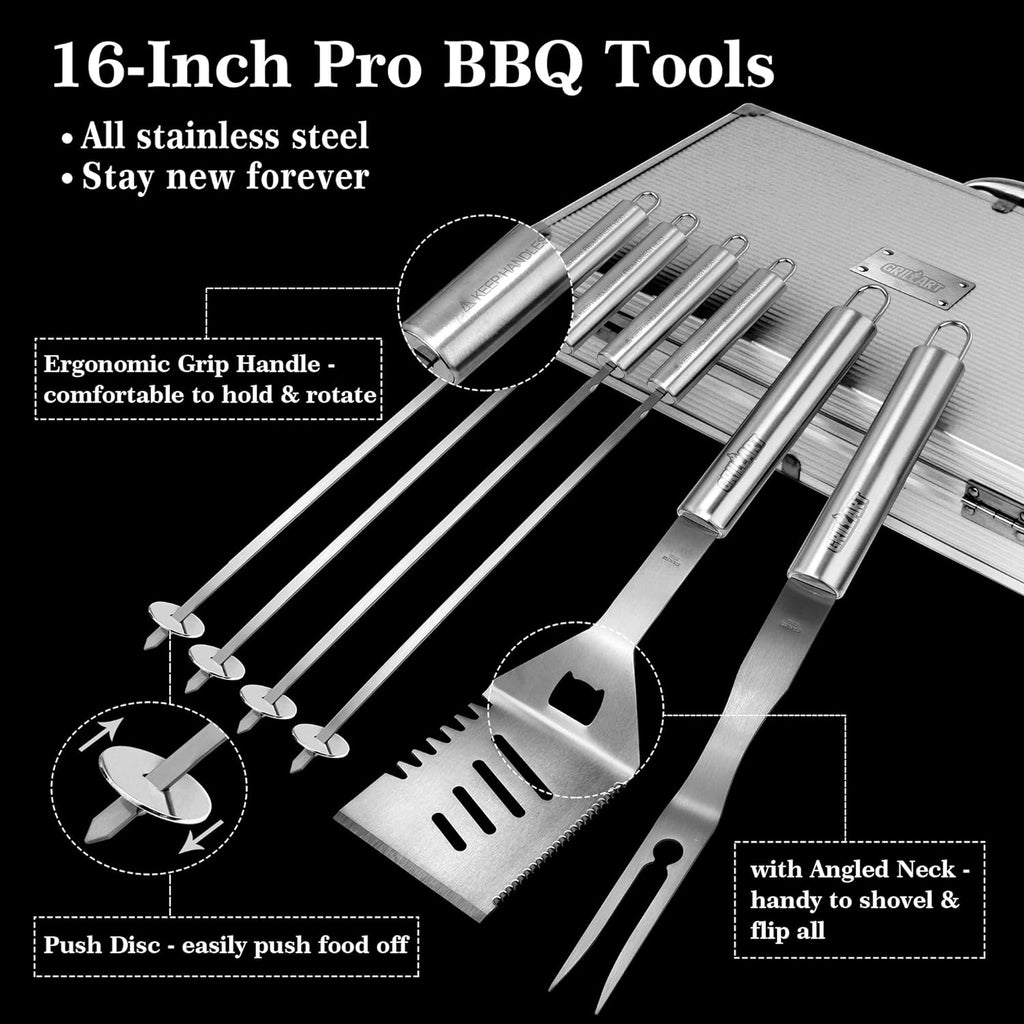 BBQ Grill Utensil Tools Set Reinforced BBQ Tongs 19-Piece Stainless-Steel Barbecue Grilling Accessories w/Aluminum Storage Case -Complete Outdoor Grill Kit for Dad, Birthday Gift for Man Dad - view 2