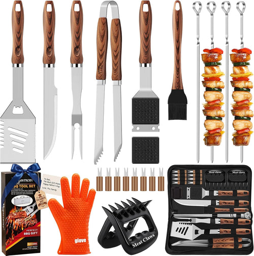 23pcs Heavy Duty Grilling Gifts for Men Dad Fathers Day, Extra Thick BBQ Accessories Tools Set, Stainless Steel Grill Utensils Kit with Meat Claws,Canvas Bag for Outdoor Camping Brown