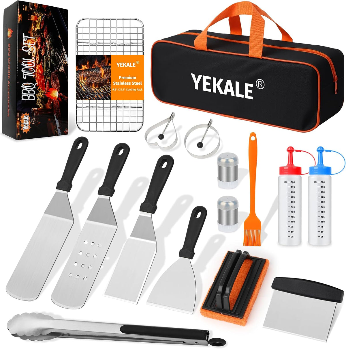 17 pcs griddle accessories kit, flat top grill accessories set, grill spatula set with enlarged spatulas, scraper - outdoor barbecue tools gifts for men dad him