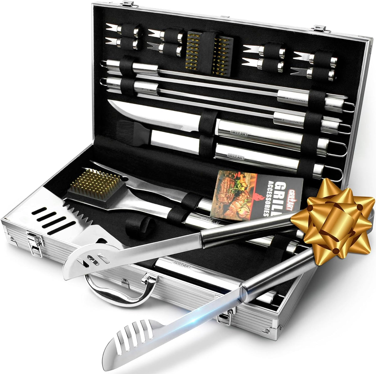 BBQ Grill Utensil Tools Set Reinforced BBQ Tongs 19-Piece Stainless-Steel Barbecue Grilling Accessories w/Aluminum Storage Case -Complete Outdoor Grill Kit for Dad, Birthday Gift for Man Dad