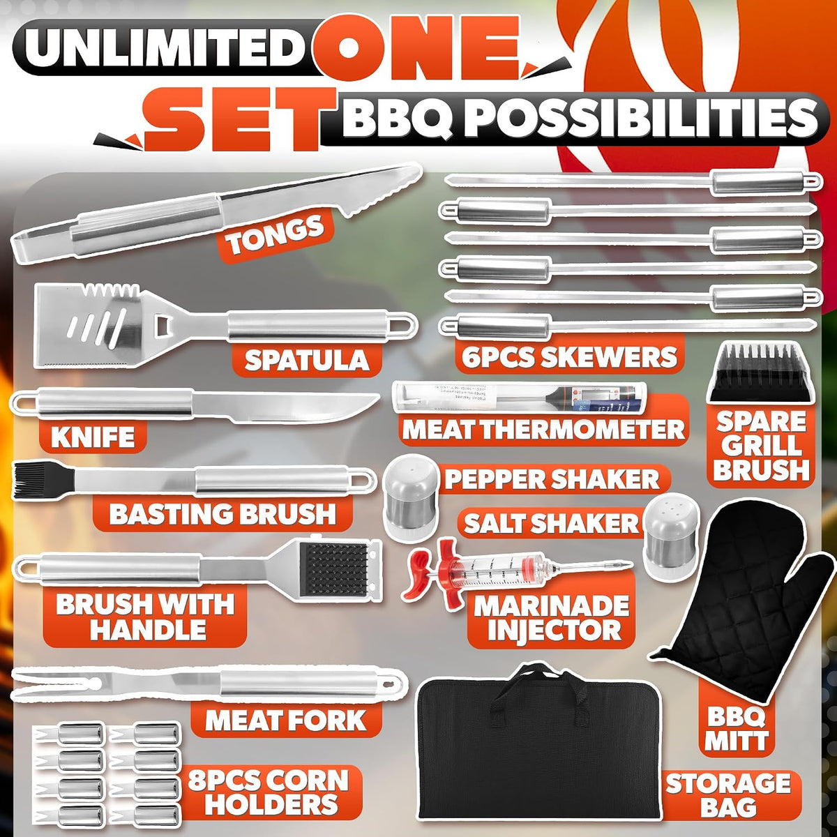 27 Pcs Grill Set, Outdoor Grill, Stainless Steel Tools with Case | Barbecue Tool Sets with Thermometer, Meat Injector, Spatula, Tongs & Mitt, BBQ Utensils for Smoker & Camping, Gift for Men - view 2