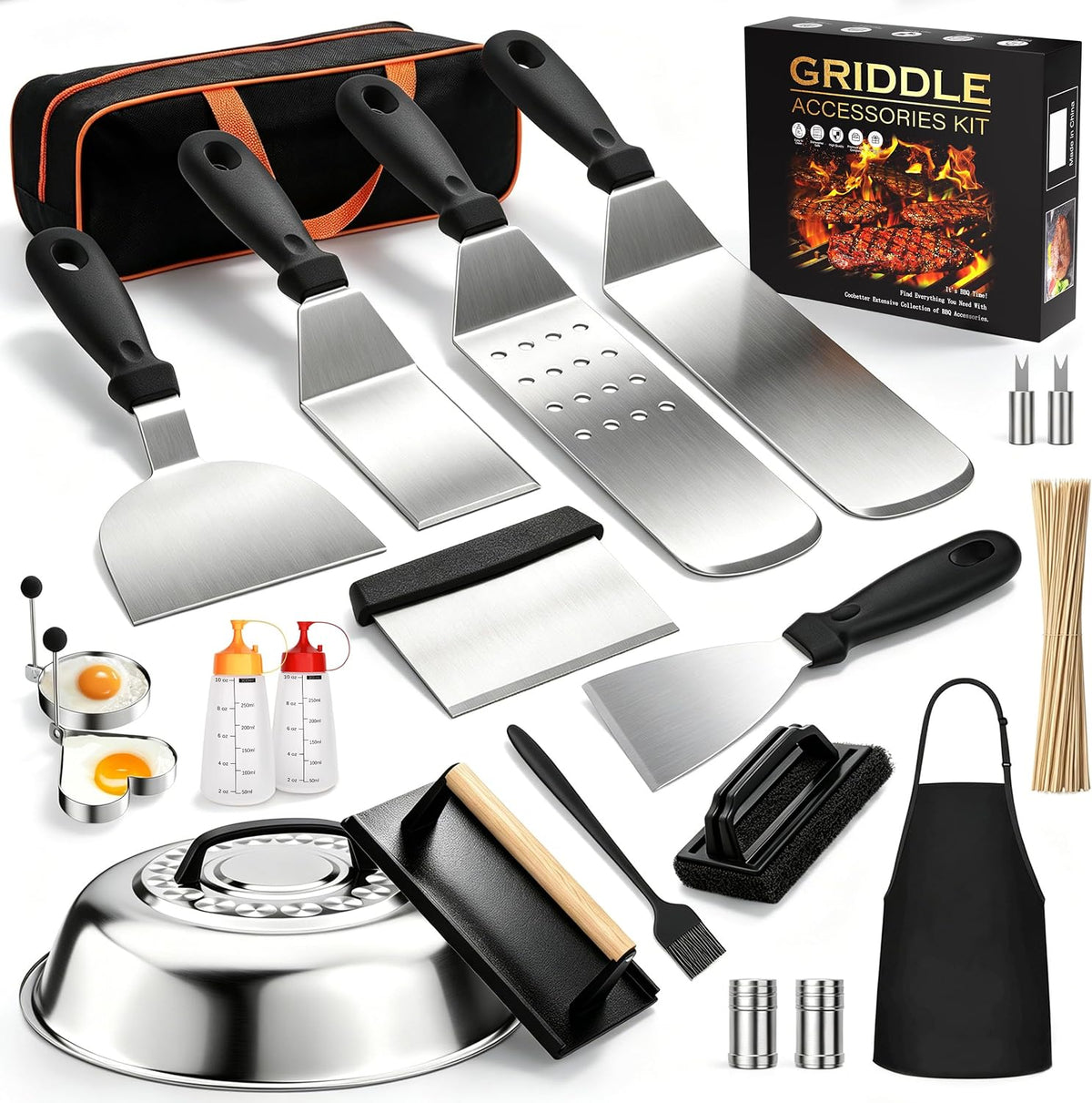 120 pcs griddle accessories kit, perfect hibachi flat top grill tools, enlarged beefed-up grill spatula gift set with basting cover, burger press for outdoor BBQ