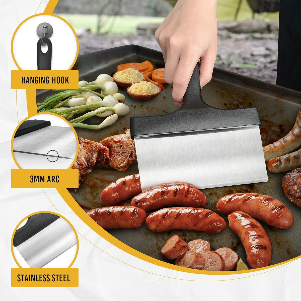 Heavy duty grill scraper stainless steel griddle scraper with 5" handle, sturdy food scraper tool kitchen for grill accessories, outdoor barbecue turners tools - view 4