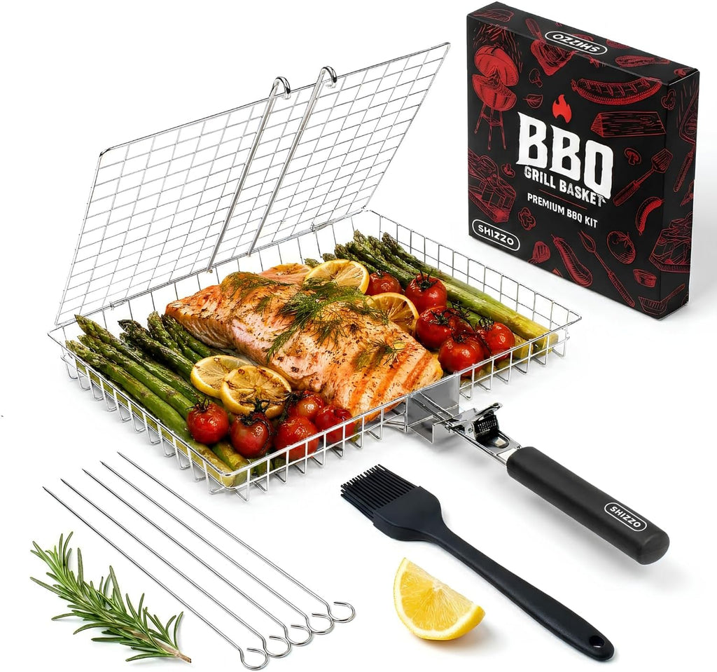 Grill Basket Gift Set with Skewers, Basting Brush, Gift Box