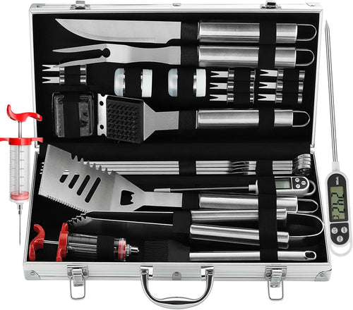 24PCS BBQ Grill Tools Set with Meat Thermometer and Injector - Extra Thick Stainless Steel Fork, Spatula& Tongs - Complete BBQ Accessories in - Perfect Grill Gifts for Father's Day
