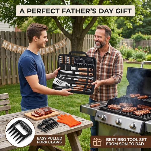 23pcs Heavy Duty Grilling Gifts for Men Dad Fathers Day, Extra Thick BBQ Accessories Tools Set, Stainless Steel Grill Utensils Kit with Meat Claws,Canvas Bag for Outdoor Camping Brown - view 2
