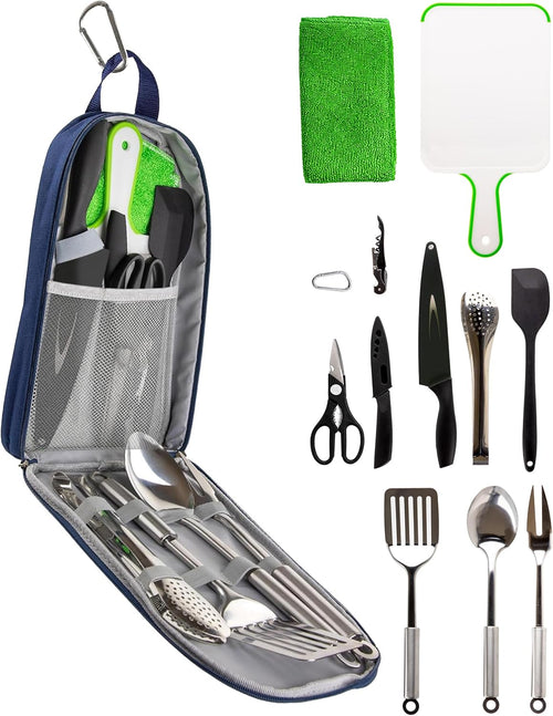 12 Pcs Camp Cooking Utensil Set & Outdoor Kitchen Gear Cookware Kit, Portable Compact Carry Case for Camping, Hiking, Travel, BBQ Grilling Stainless Steel Accessories Spoon & Fork, Navy