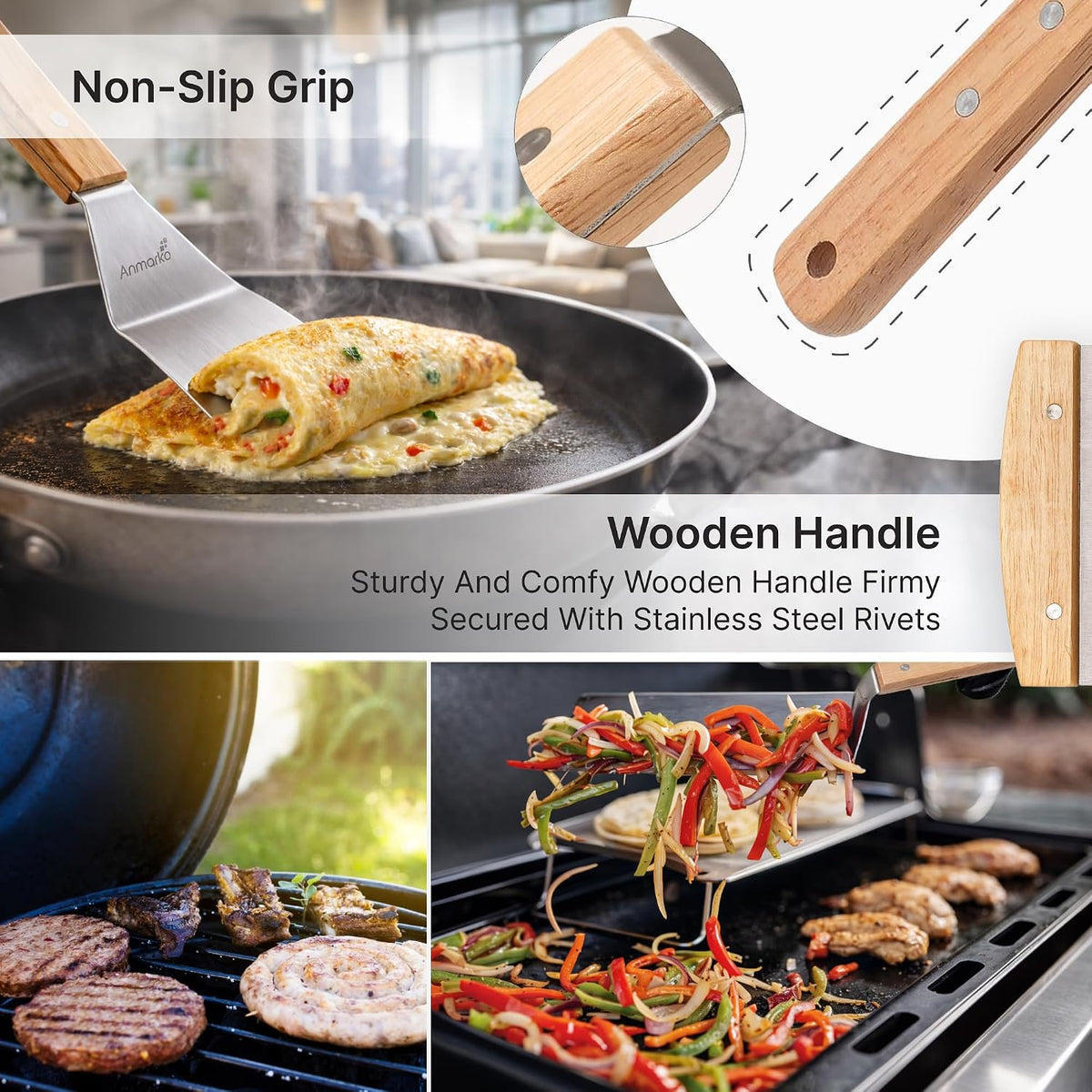 Stainless Steel Metal Spatula Set - Teppaniyaki Spatulas - Griddle Scraper Flat Spatula Pancake Flipper Hamburger Turner - Metal Utensil great for BBQ Grill Flat Top Cast Iron Griddle Accessories - view 4