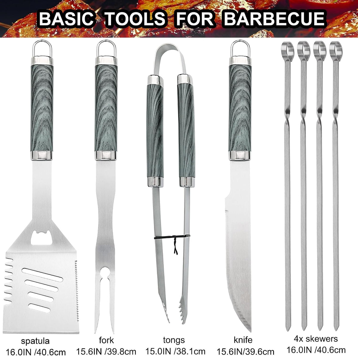 24PCS BBQ Grill Tools Set with Meat Thermometer and Injector - Extra Thick Stainless Steel Fork, Spatula& Tongs - Complete BBQ Accessories in - Perfect Grill Gifts for Father's Day - view 2