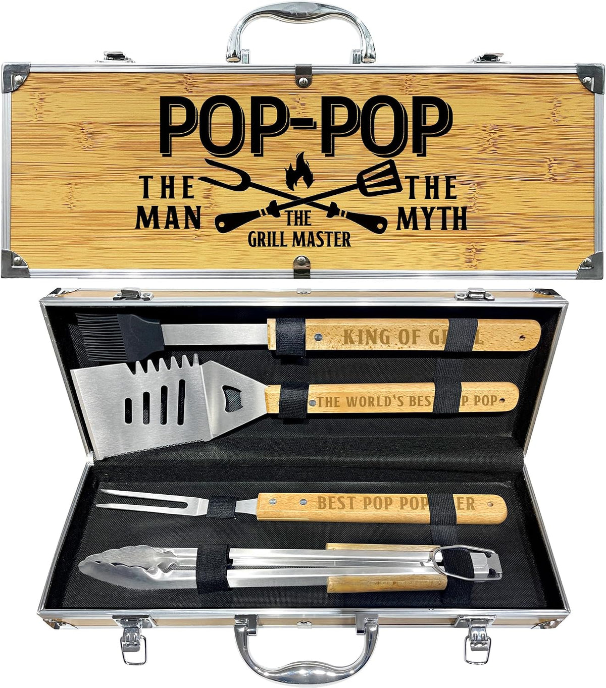 Grilling Accessories, Fathers Day Grilling Gifts for Men, Birthday Gift for Dad, Heavy Duty Wooden BBQ Grill Kit, Thick Stainless Steel Grill Utensils with Non-Slip Handle Tools in Portable Bag - view 5