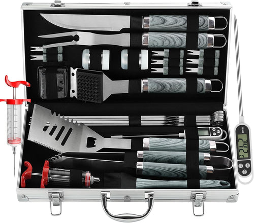24PCS BBQ Grill Tools Set with Meat Thermometer and Injector - Extra Thick Stainless Steel Fork, Spatula& Tongs - Complete BBQ Accessories in - Perfect Grill Gifts for Father's Day
