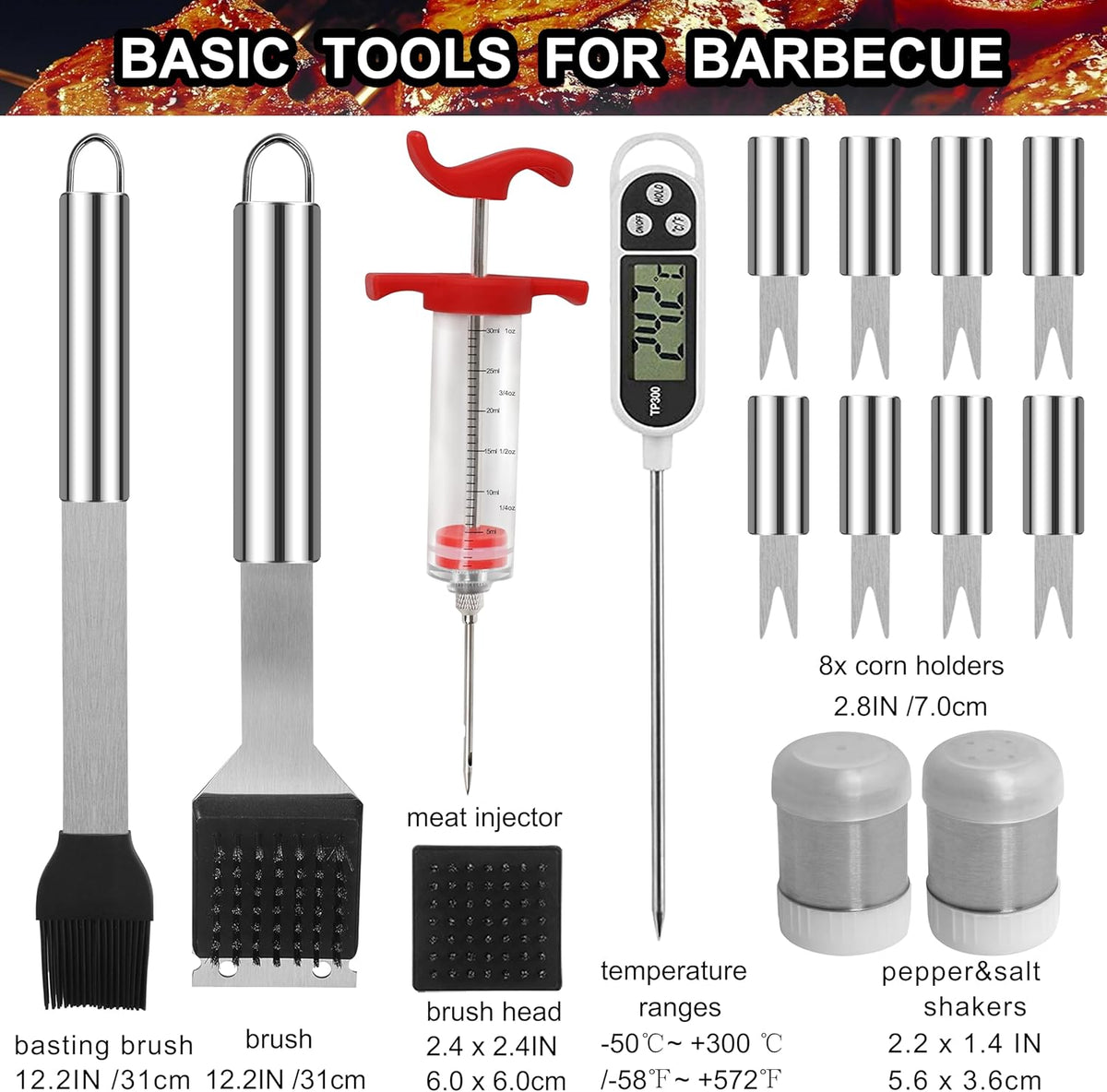 24PCS BBQ Grill Tools Set with Meat Thermometer and Injector - Extra Thick Stainless Steel Fork, Spatula& Tongs - Complete BBQ Accessories in - Perfect Grill Gifts for Father's Day - view 3
