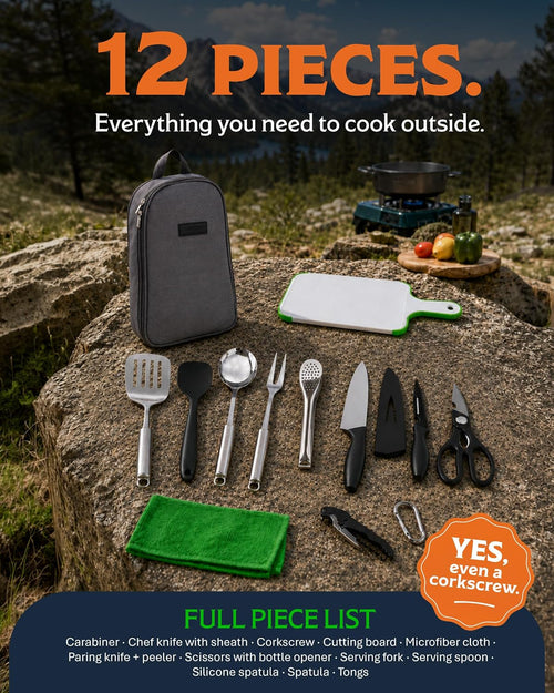 12 Pcs Camp Cooking Utensil Set & Outdoor Kitchen Gear Cookware Kit, Portable Compact Carry Case for Camping, Hiking, Travel, BBQ Grilling Stainless Steel Accessories Spoon & Fork, Navy - view 2