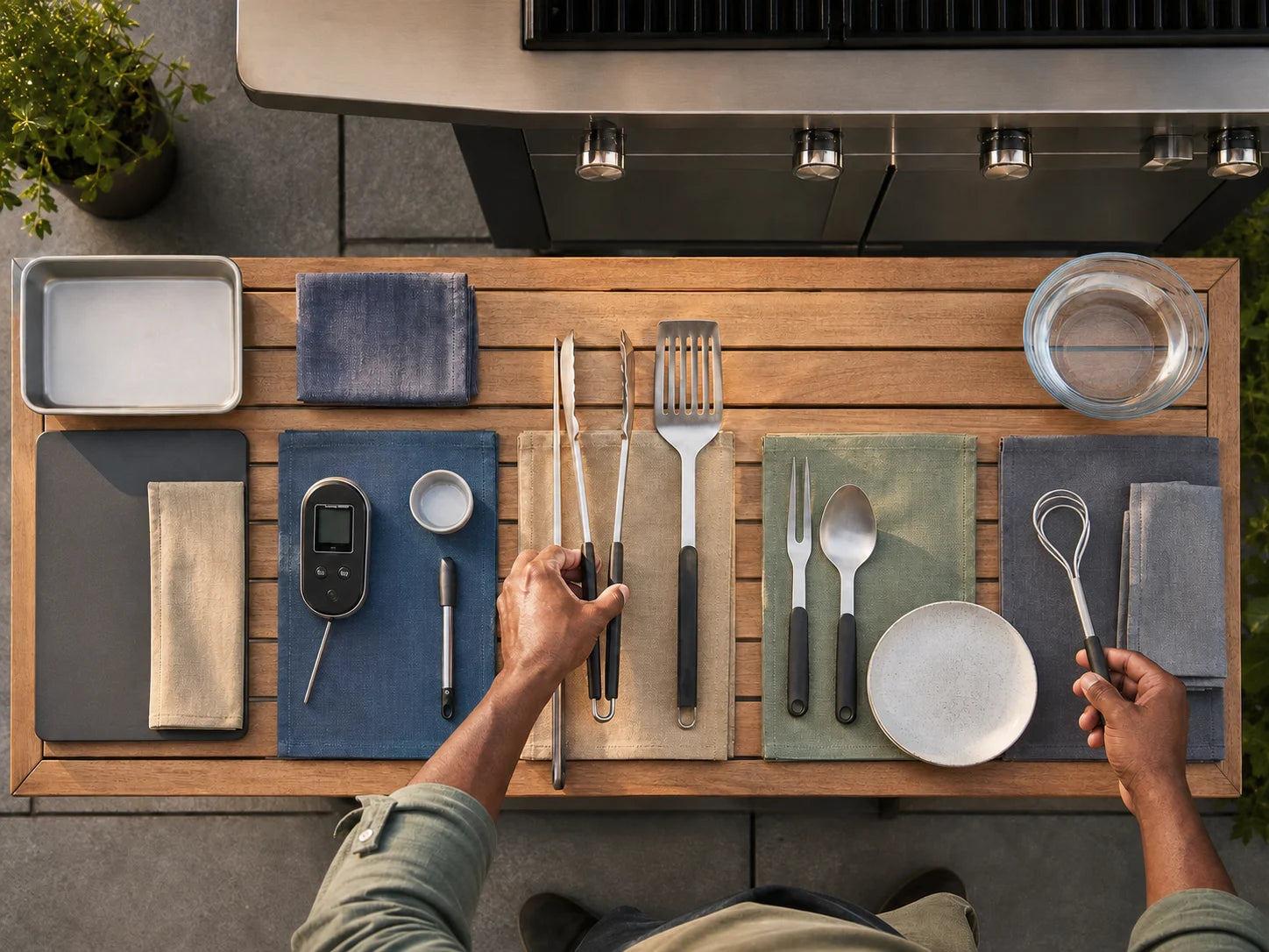 Hands organizing cooking tools into prep, check, turn, serve, and reset stages