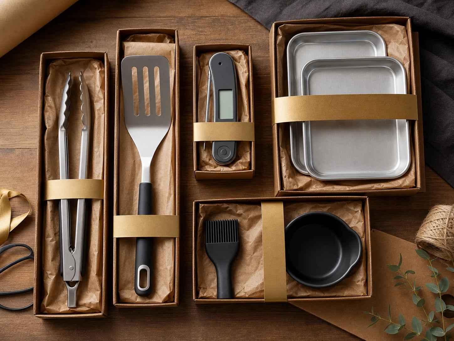 Practical cooking-tool bundle wrapped in smoke-paper with brick and gold accents