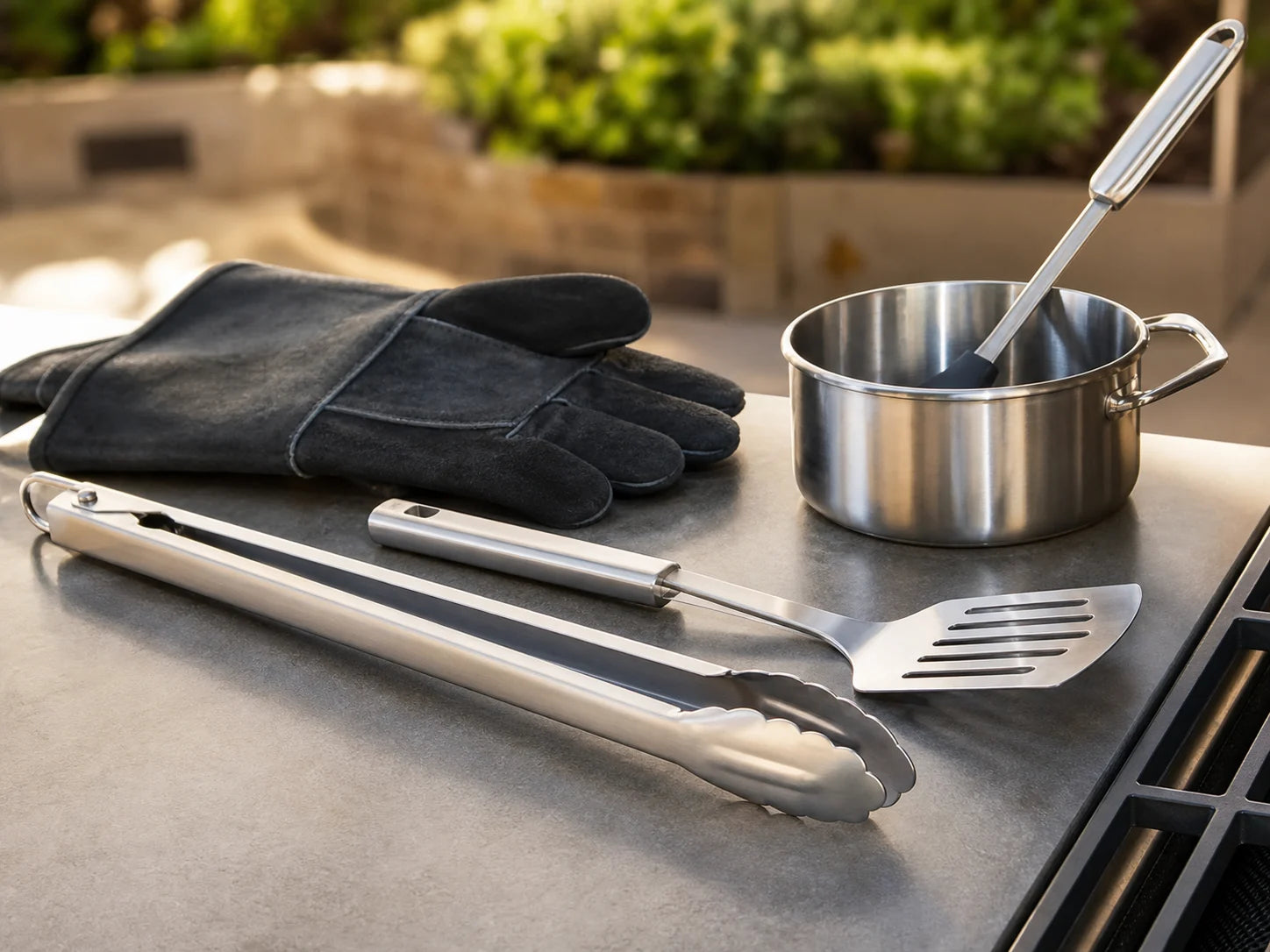 Long tongs, turner, gloves, and basting set beside an unbranded cooking grate