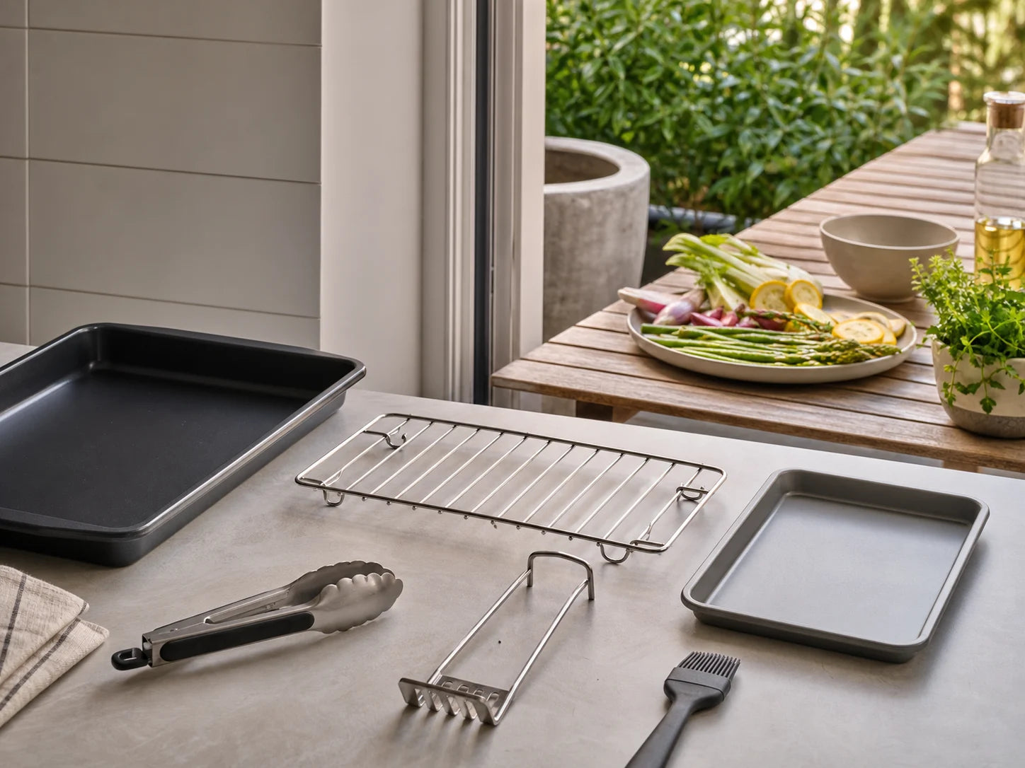 Compact tongs, roasting rack, tray lifter, and brush between indoor and outdoor cooking surfaces