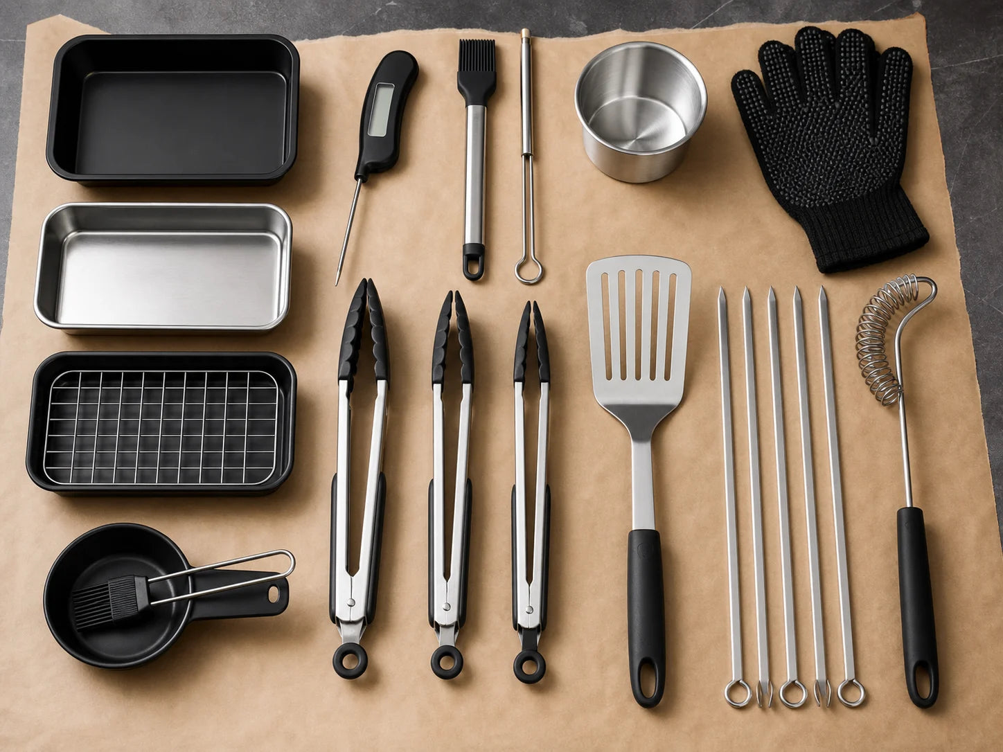 Full Embermise tool assortment organized by cooking task on a large work surface