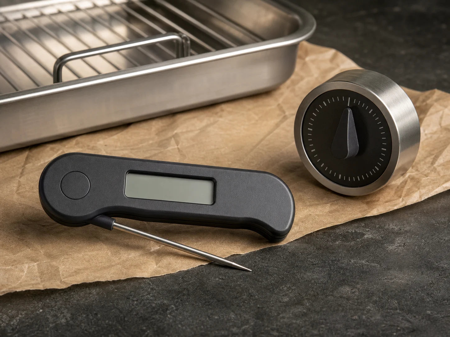 Folding food thermometer beside a timer and clean roasting tray