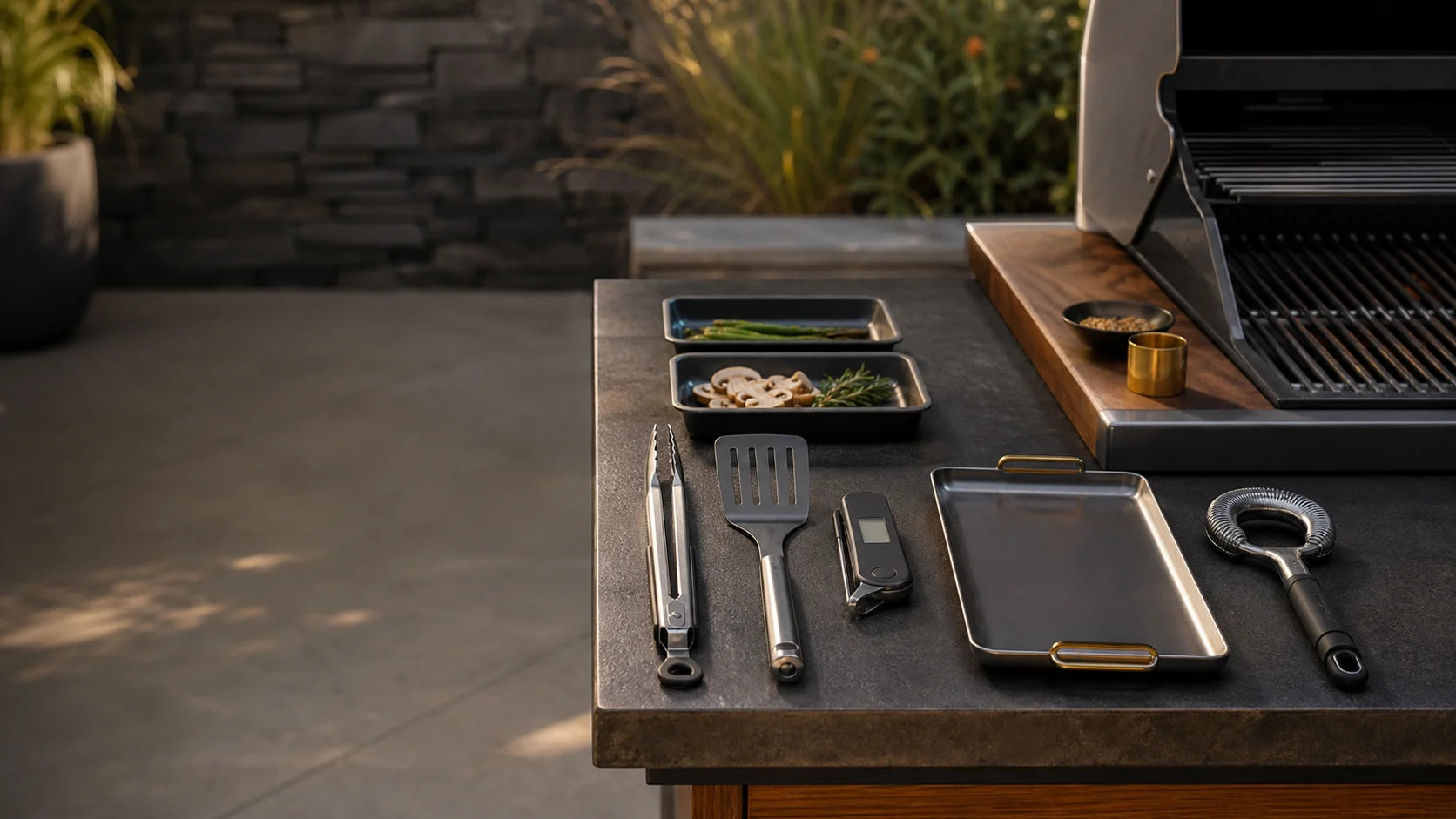 Grilling tools arranged from prep trays to tongs, thermometer, serving tools, and a bristle-free cleaning tool